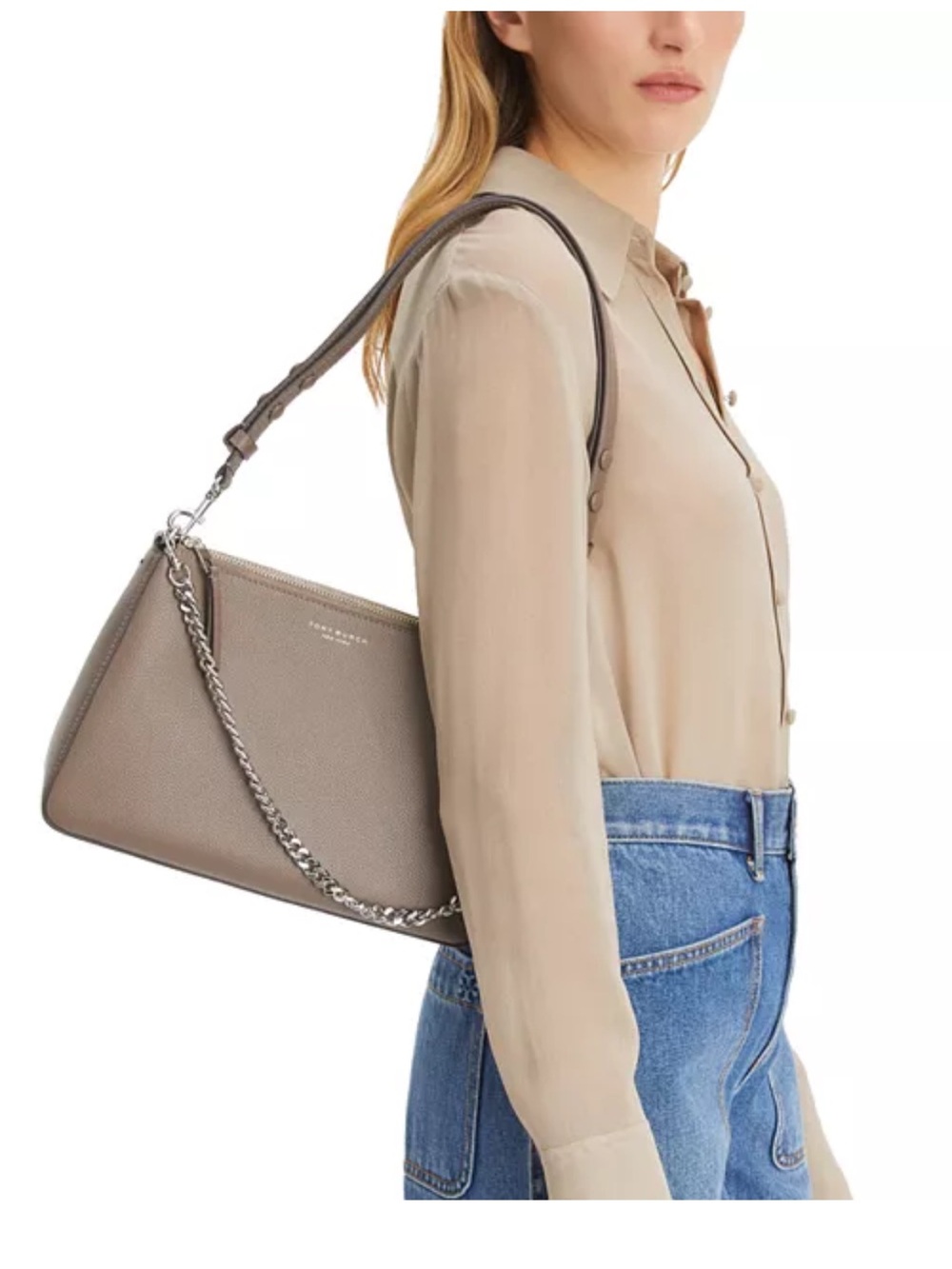 Tory Burch Pebbled Leather Shoulder Bag in Taupe